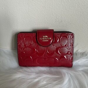 Coach Medium Corner Zip Wallet Signature Debossed Patent Leather Red F25937